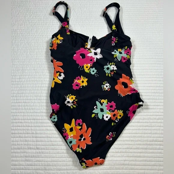 Anne Cole Black and Pink Floral One Piece Swimsuit. Size 10. Like New Condition. - Picture 4 of 6